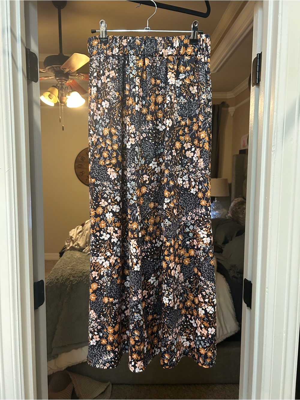 Women's Black Floral Maxi Skirt with Rust and Cream Accents